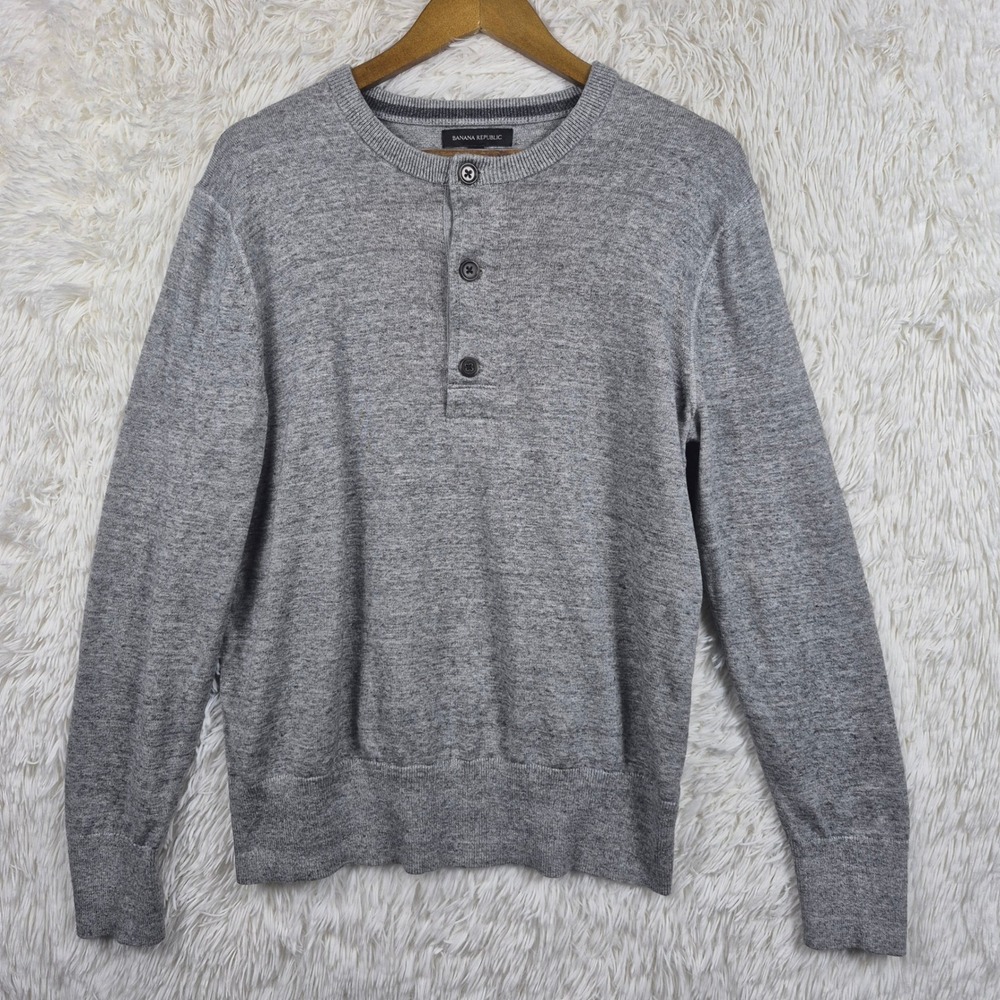 Banana Republic Mens L Heather Gray Cotton Military Henley Sweater Classic